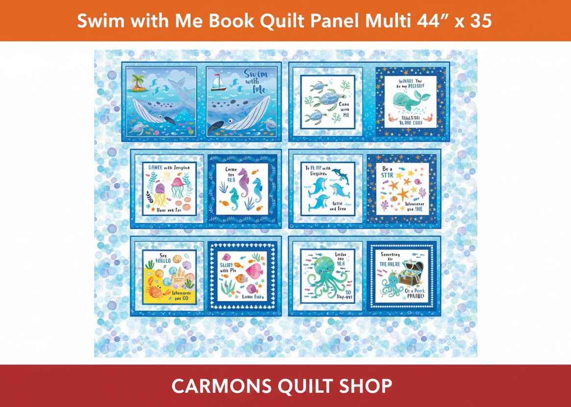 Carmon's Quilt Shop Swim with Me fabric panel featuring colorful underwater book illustrations for children's quilts.