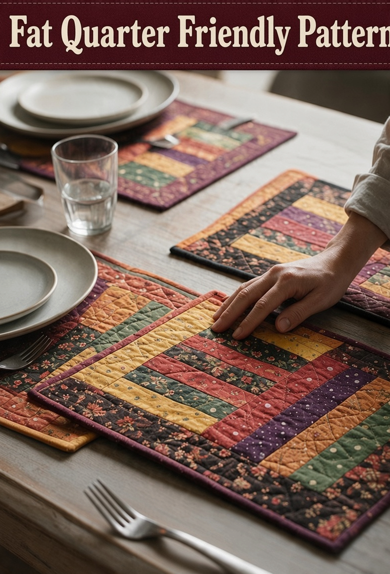 Carmon's Quilt Shop Table for Four placemat quilt pattern featuring colorful patchwork fabric designs on a table