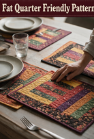 Carmon's Quilt Shop Table for Four placemat quilt pattern featuring colorful patchwork fabric designs on a table