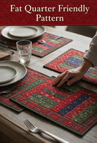 Carmon's Quilt Shop Table for Four placemat pattern featuring red, green, and blue patchwork quilted fabric designs.