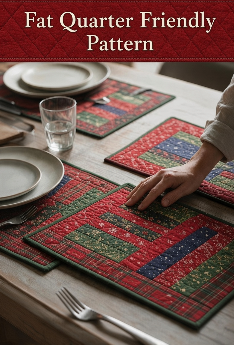 Carmon's Quilt Shop Table for Four placemat pattern featuring red, green, and blue patchwork quilted fabric designs.