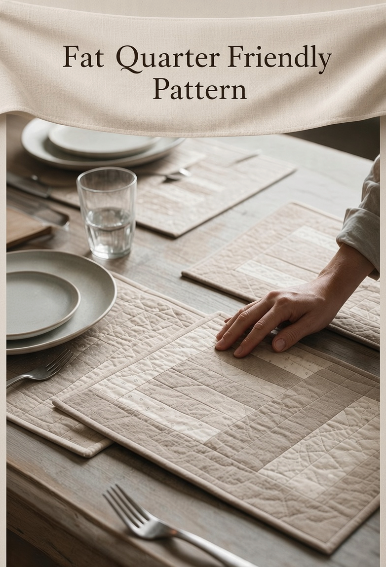 Carmon's Quilt Shop Table for Four placemat pattern featuring beige quilted fabric on a dining table setting