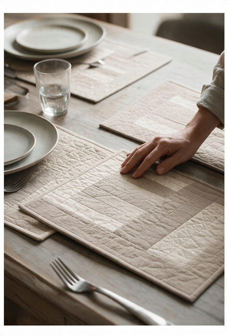 Carmon's Quilt Shop Table for Four placemats in neutral beige tones with quilted patchwork detail on a wooden table.