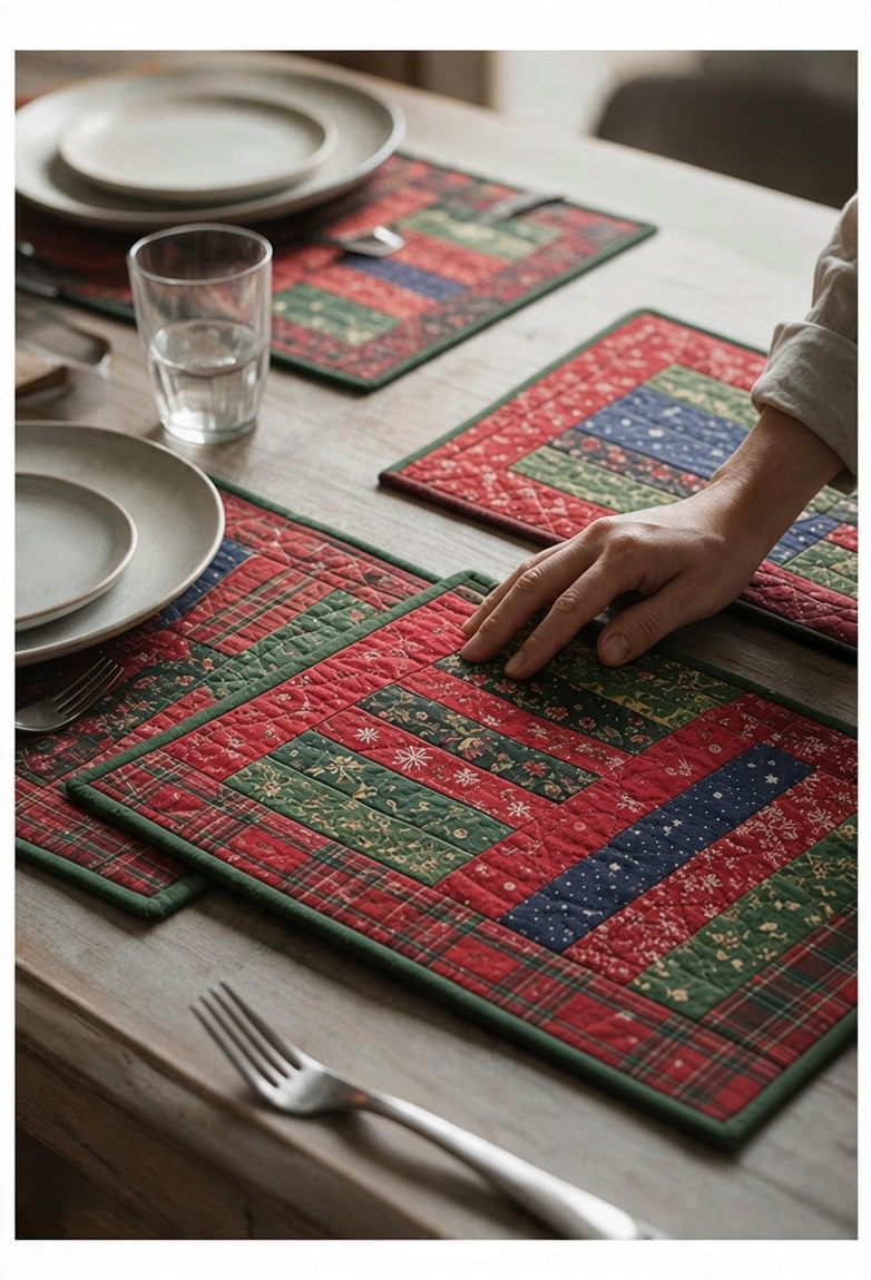 Carmon's Quilt Shop Table for Four placemats featuring red, green, and blue patchwork fabric on a wooden table.