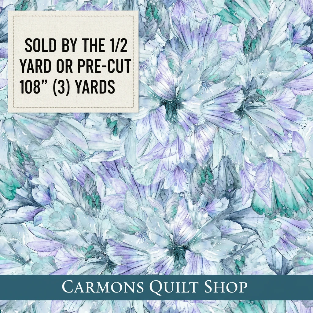 Carmon's Quilt Shop Make a Wish teal 108-inch wide cotton backing fabric with floral watercolor pattern