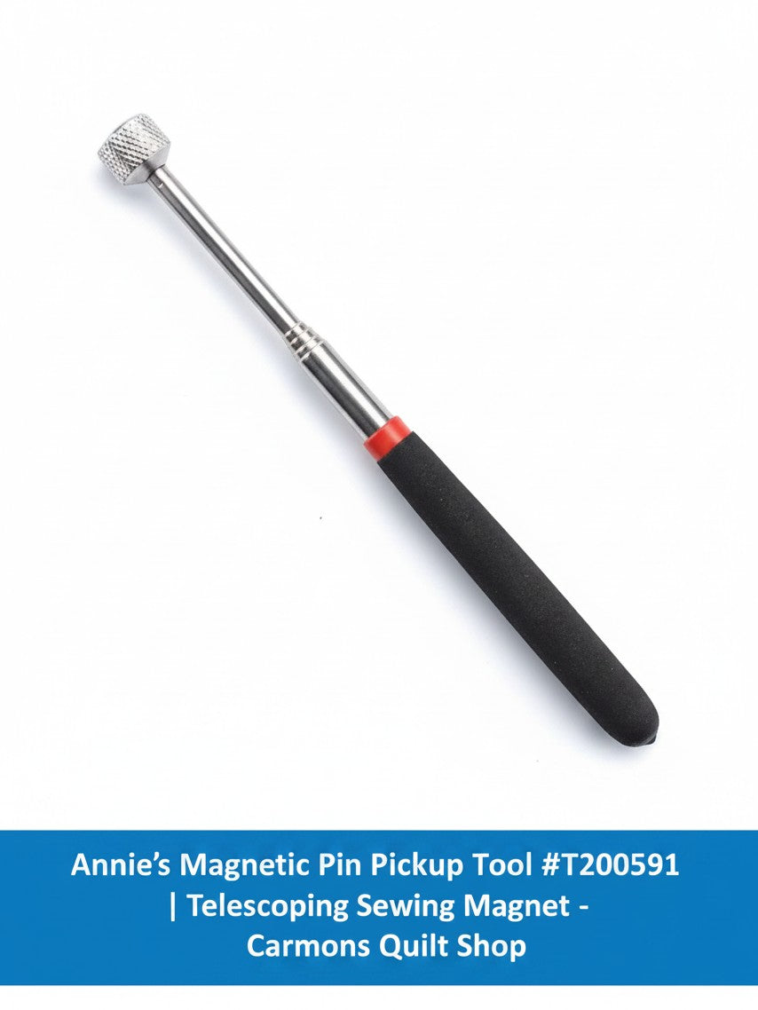 Carmon's Quilt Shop Annie's magnetic pin pickup tool with a telescoping metal handle and black soft-grip handle.