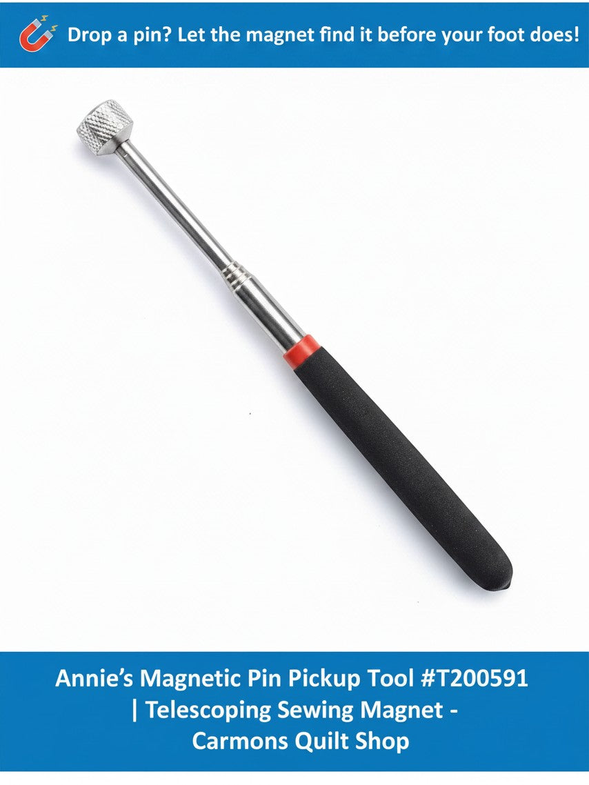 Carmon's Quilt Shop Annie's magnetic pin pickup tool with a telescoping handle and soft-grip for sewing and quilting.