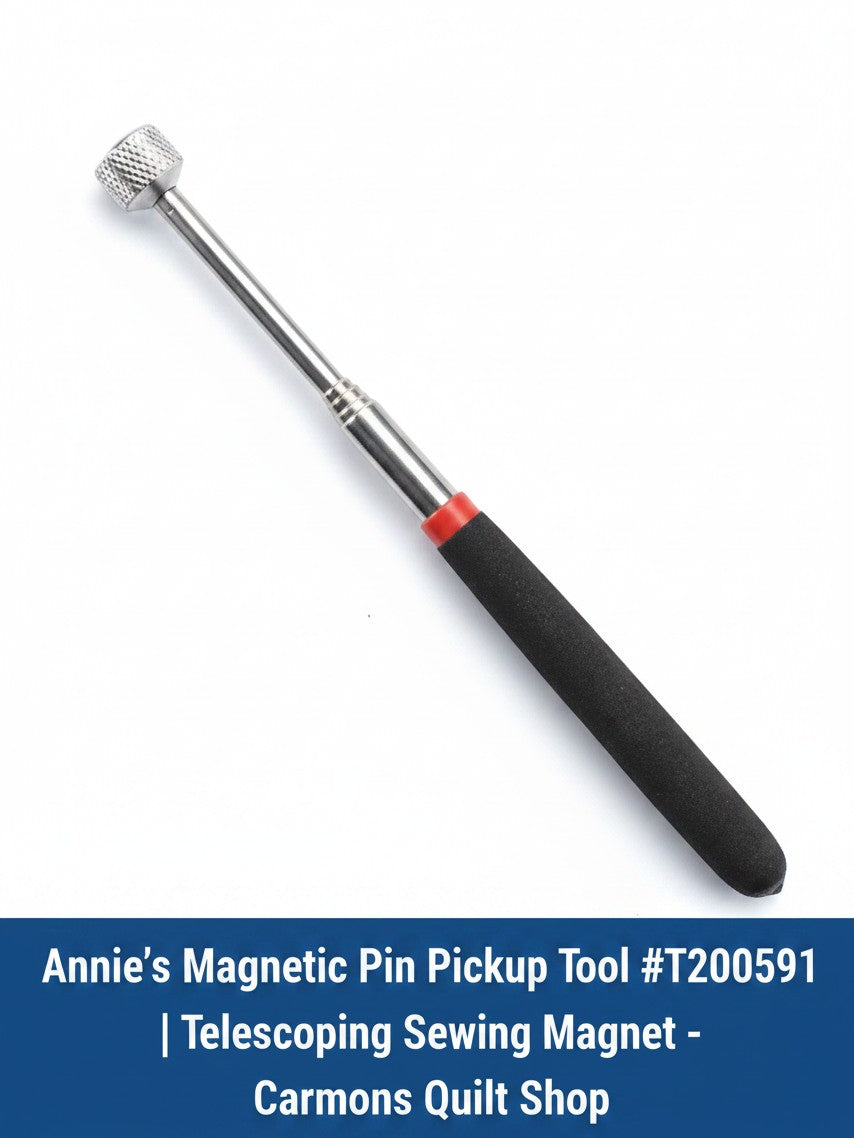 Carmon's Quilt Shop telescoping magnetic pin pickup tool with a soft-grip handle for easy sewing room cleanup.