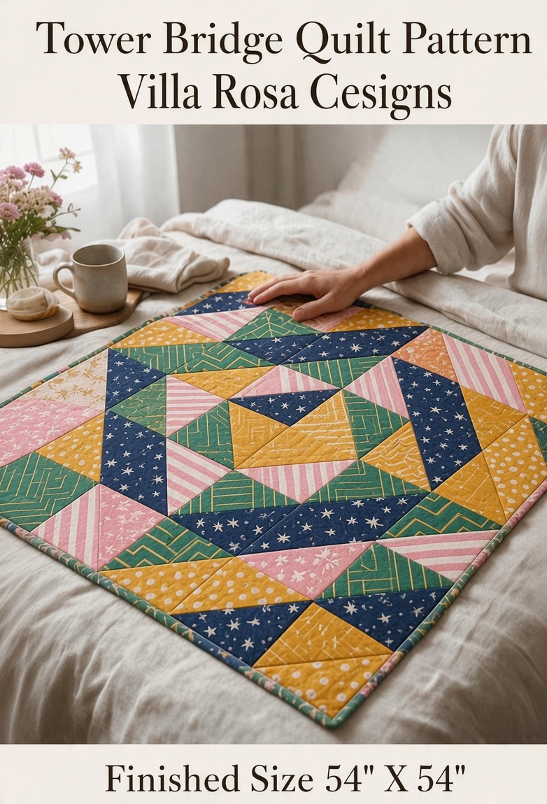 Carmon's Quilt Shop Tower Bridge quilt pattern featuring a colorful geometric diamond design on a bed.