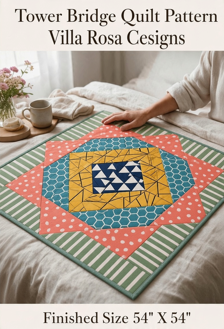 Carmon's Quilt Shop Tower Bridge quilt pattern featuring a central diamond design with multicolored fabric strips