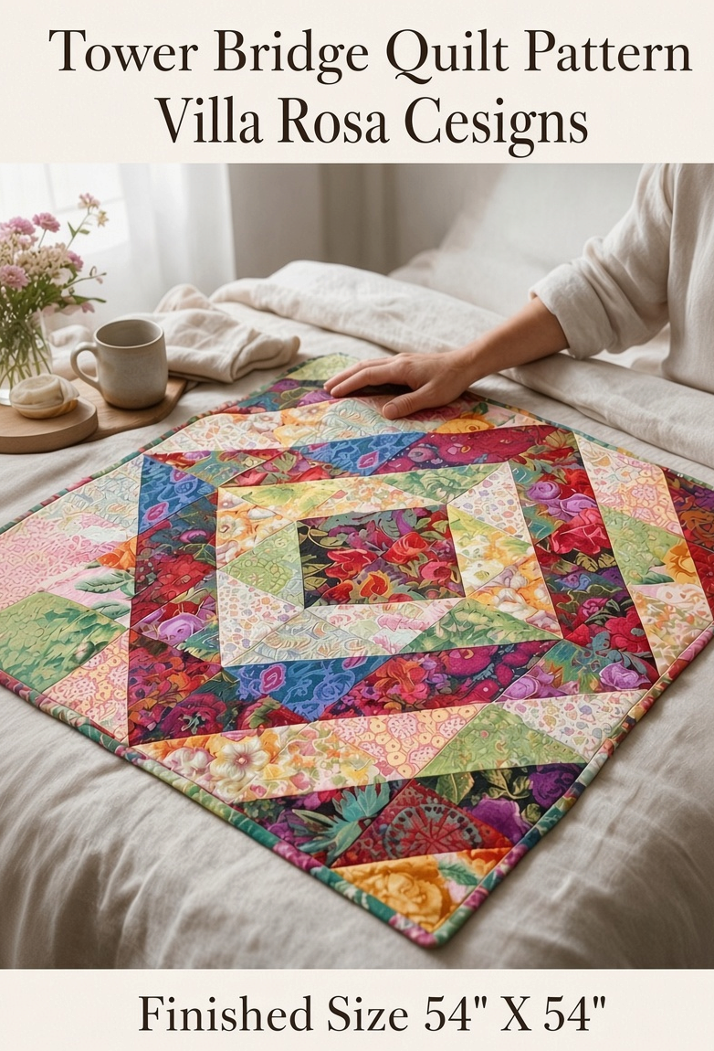 Carmon's Quilt Shop Tower Bridge quilt pattern featuring a colorful central diamond design on a neutral bedspread