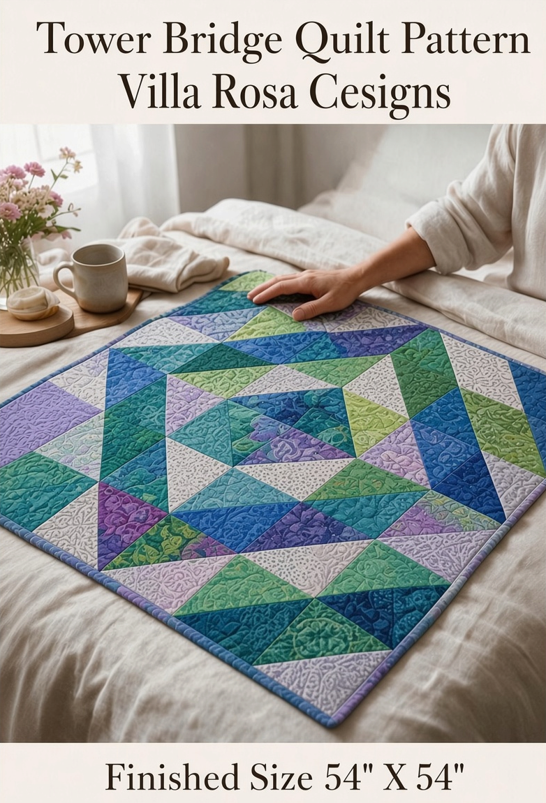 Carmon's Quilt Shop Tower Bridge quilt pattern featuring a blue, green, and purple geometric diamond design on a bed.