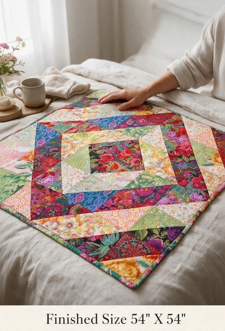 Carmon's Quilt Shop Tower Bridge quilt pattern featuring a colorful central diamond design on a square throw quilt.
