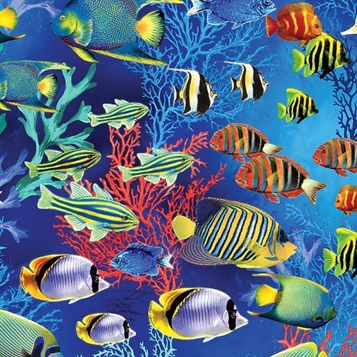 Carmon's Quilt Shop cotton fabric featuring a vibrant underwater scene with colorful tropical fish and coral reefs