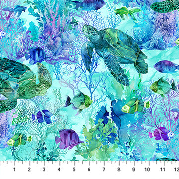 Carmon's Quilt Shop Coral Reef turquoise cotton fabric featuring sea turtles and tropical fish in an ocean scene