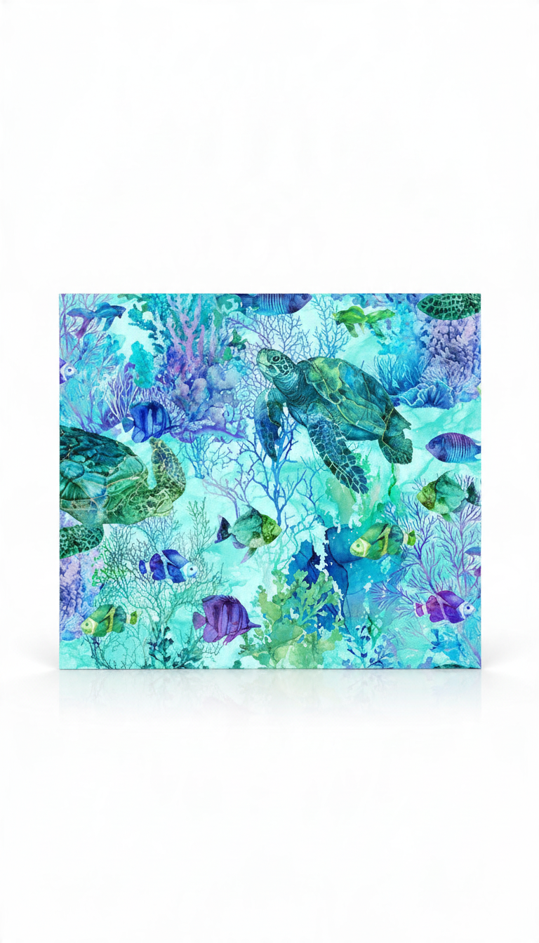 Carmon's Quilt Shop turquoise cotton fabric featuring a watercolor print of sea turtles, fish, and coral reefs.