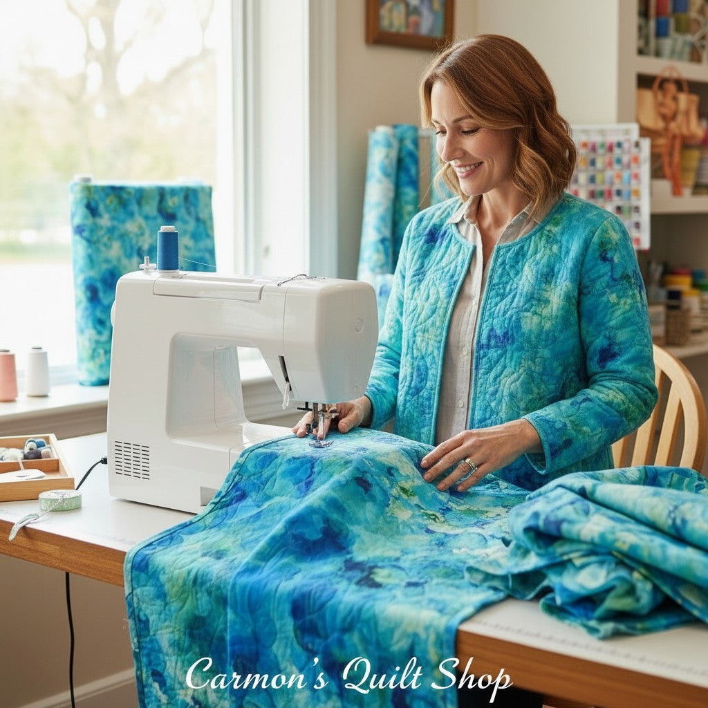 Carmon's Quilt Shop woman sewing with turquoise watercolor cotton fabric on a white machine in a bright studio