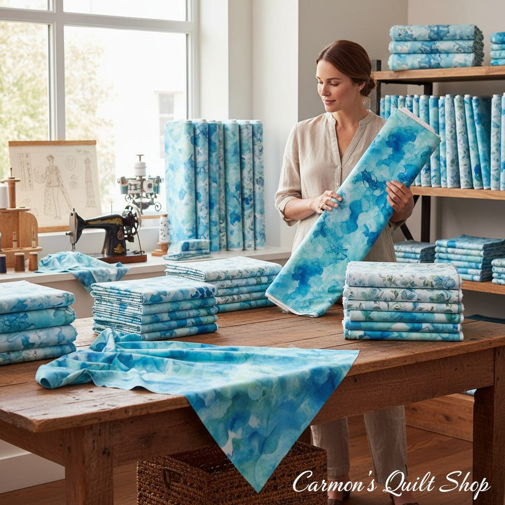 Carmon's Quilt Shop woman holding turquoise watercolor 108-inch wide cotton quilting fabric in a studio