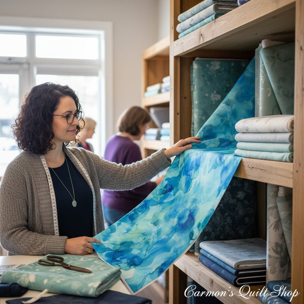 Carmon's Quilt Shop customer selecting turquoise Aura Watercolor cotton quilt backing fabric from a wooden shelf