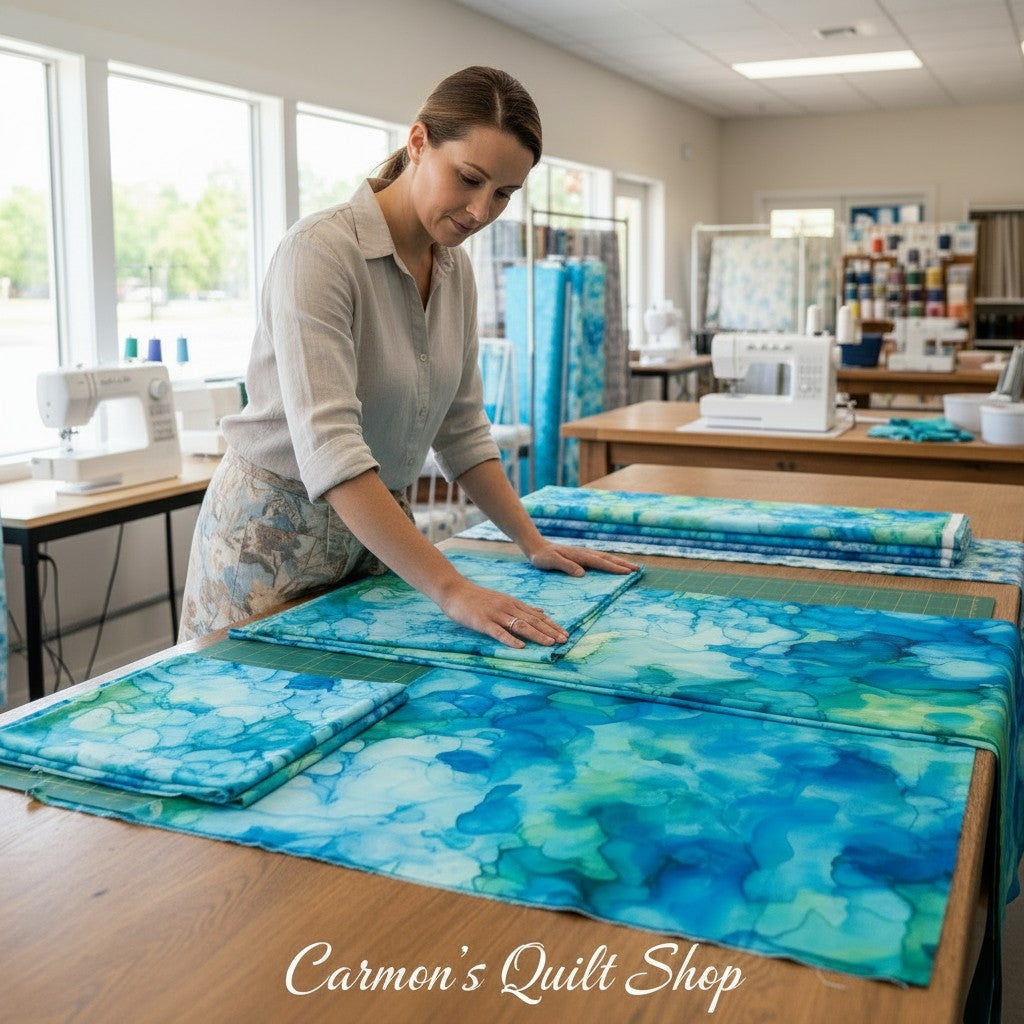 Carmon's Quilt Shop employee folding turquoise Aura Watercolor 108-inch wide cotton quilt backing fabric on a table.