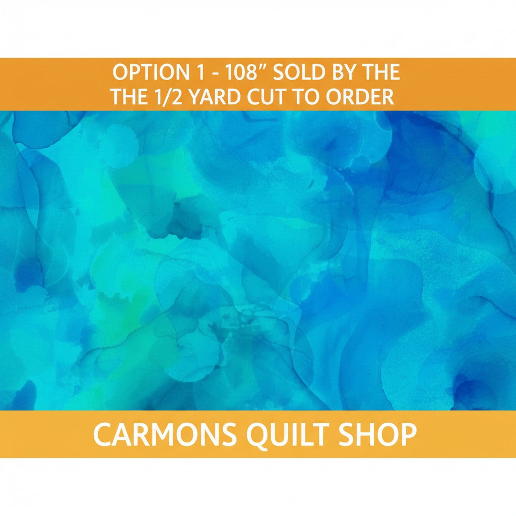 Carmon's Quilt Shop Aura Watercolor turquoise 108-inch wide cotton backing fabric with artistic abstract design.
