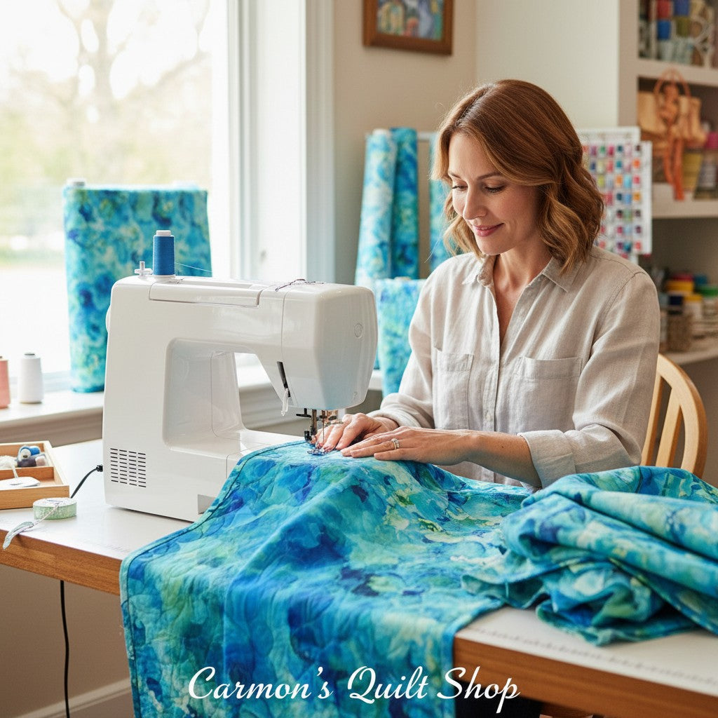 Woman sewing with Carmon's Quilt Shop Aura Watercolor turquoise 108-inch wide cotton backing fabric on a machine