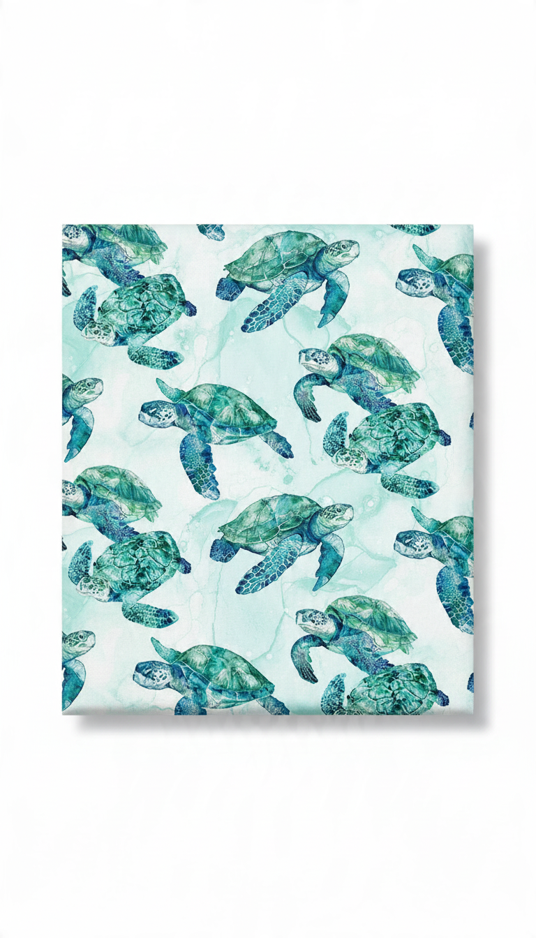 Carmon's Quilt Shop Northcott Coral Reef fabric featuring watercolor sea turtles on a white and light blue background