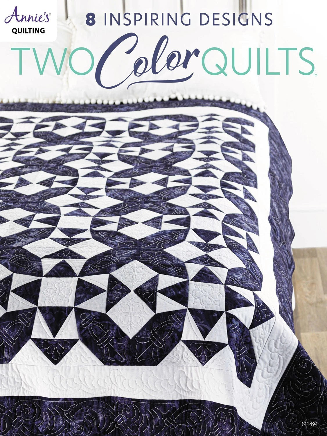 Carmon's Quilt Shop Annie's Quilting Two Color Quilts pattern book featuring a navy and white geometric bed quilt