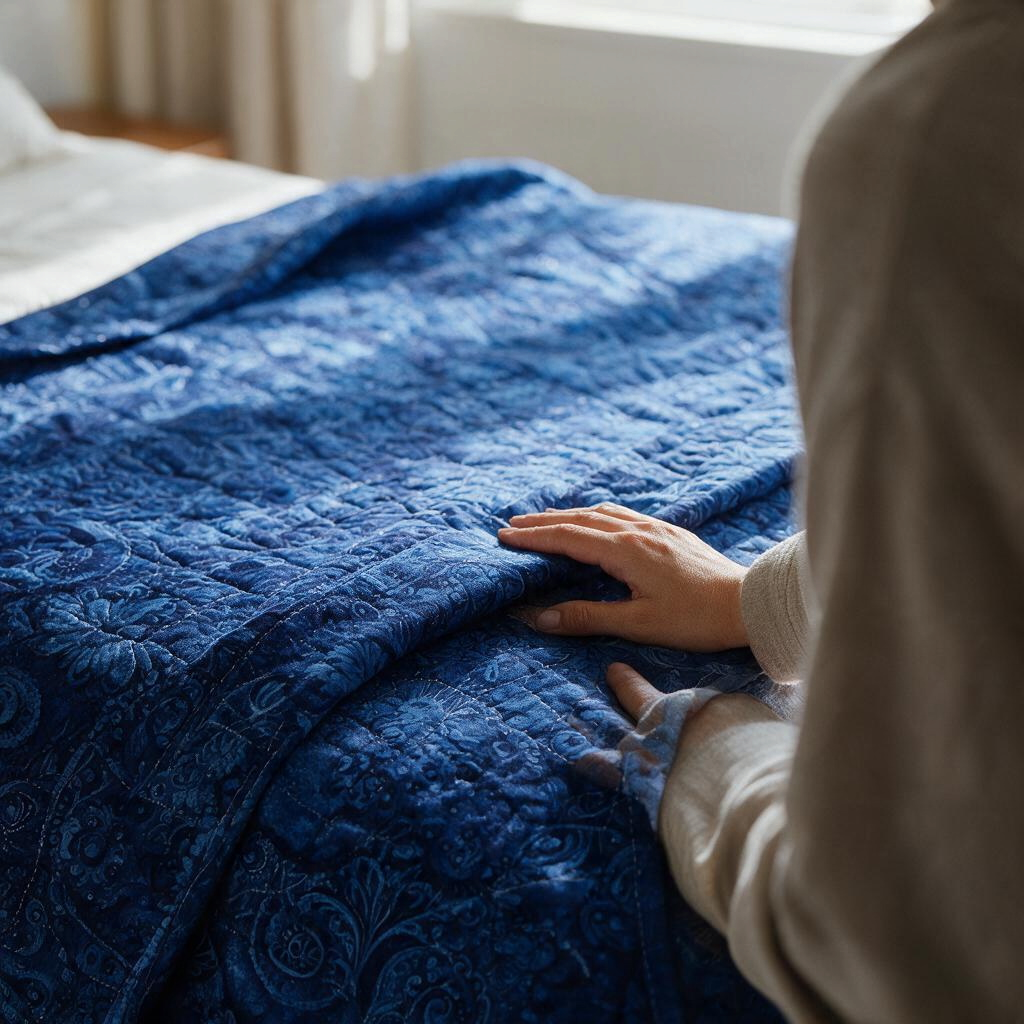 Carmon's Quilt Shop Mystique Blender ultramarine blue cotton fabric with ornate paisley motifs on a quilted bedspread