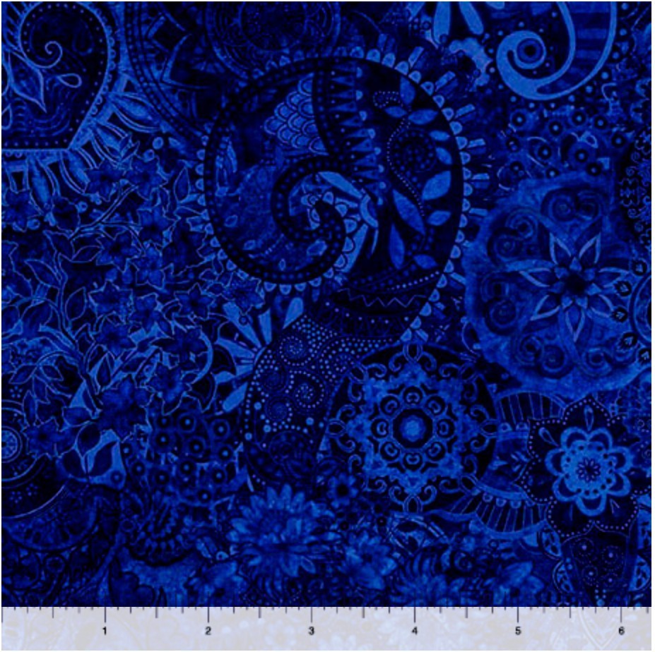 Carmon's Quilt Shop QT Fabrics Mystique Blender Ultramarine 108 inch wide cotton backing with ornate blue paisley