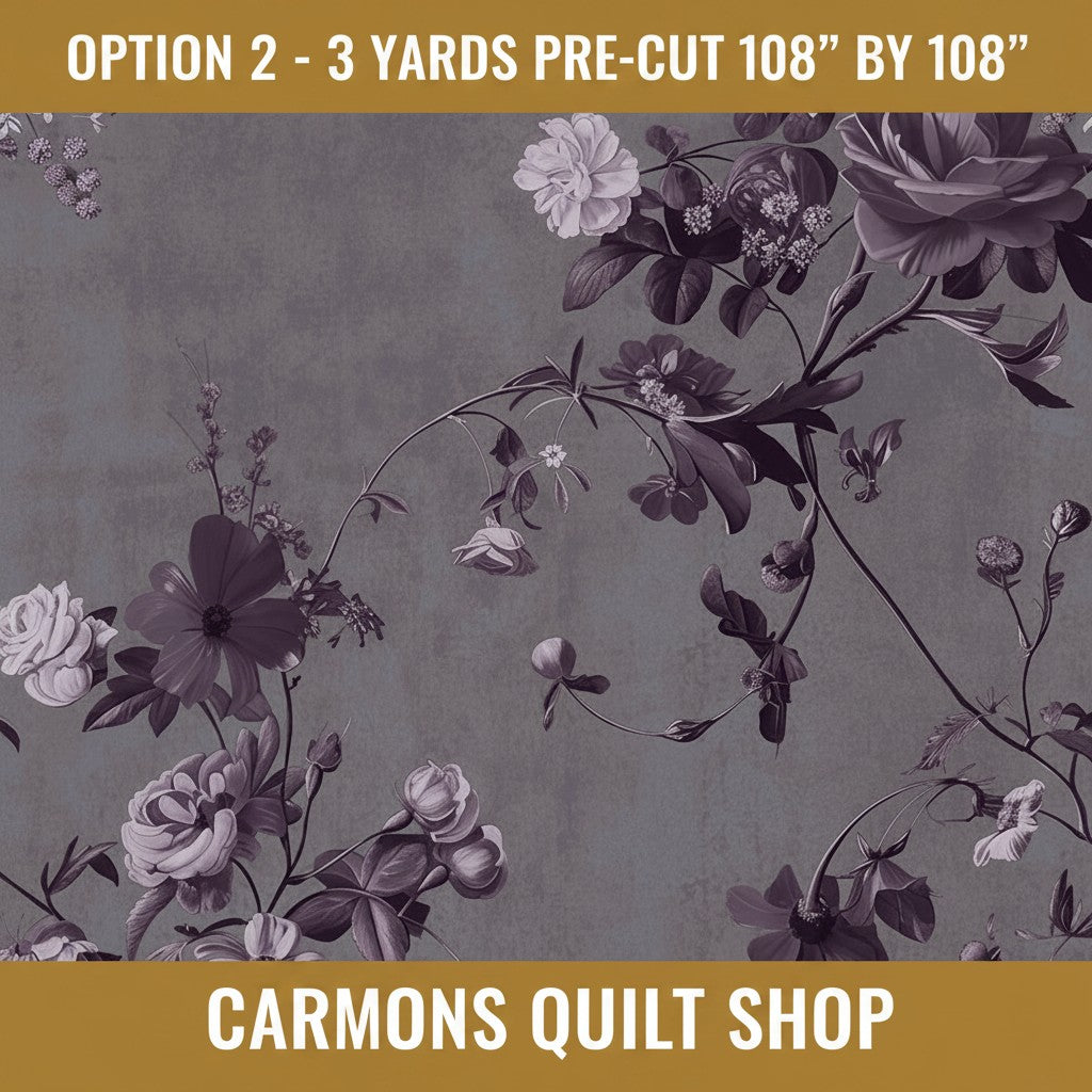 Carmon's Quilt Shop Vining Wisteria 108 inch wide quilt backing fabric with elegant floral vine pattern in purple