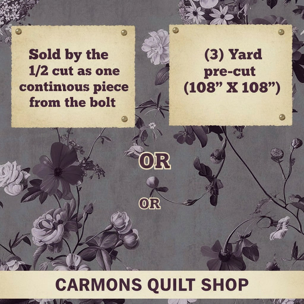 Carmon's Quilt Shop Vining Wisteria 108-inch wide quilt backing fabric with elegant floral vine pattern in purple.