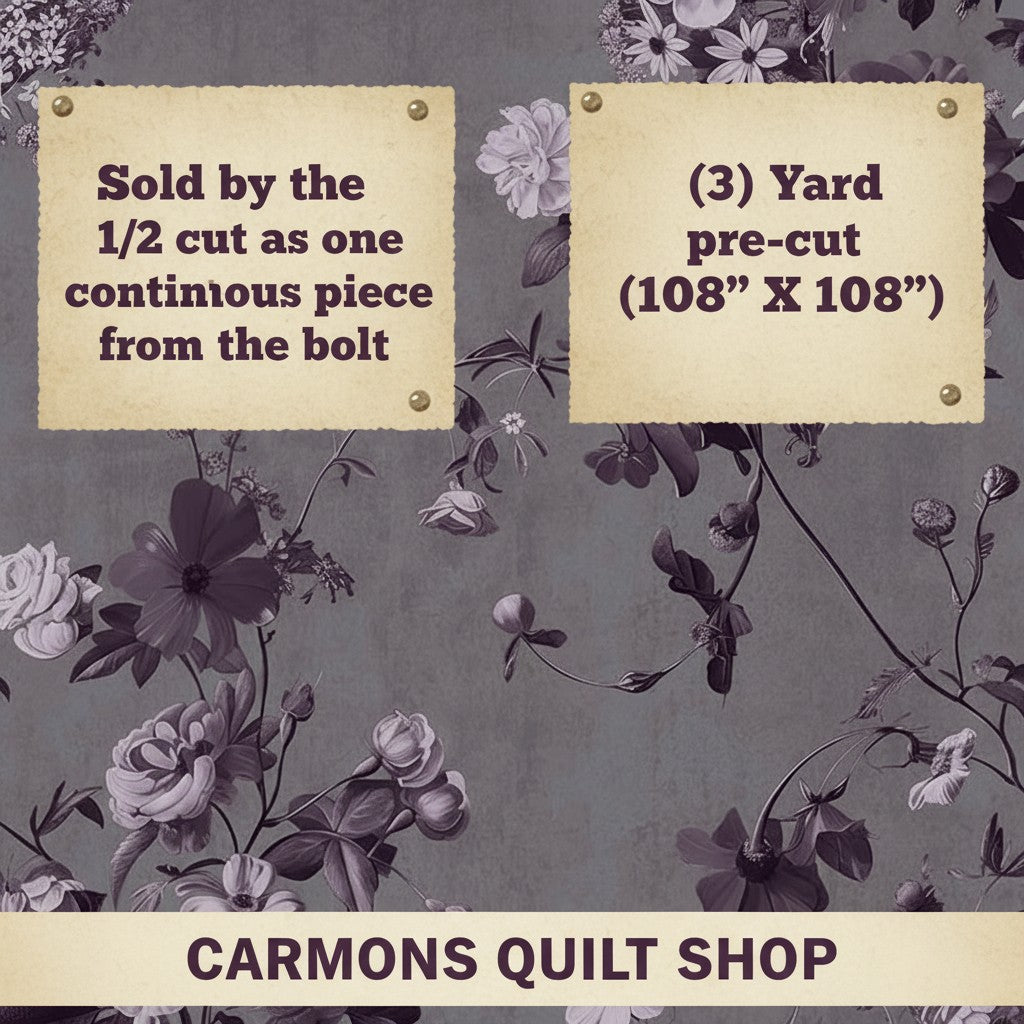 Carmon's Quilt Shop Vining Wisteria 108 inch wide quilt backing fabric with elegant floral vine pattern in purple