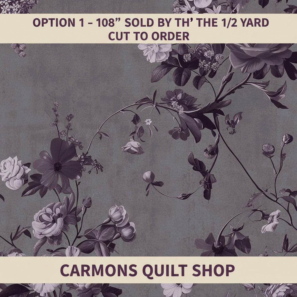 Carmon's Quilt Shop Vining Wisteria 108-inch wide backing fabric with elegant floral vine pattern in purple tones