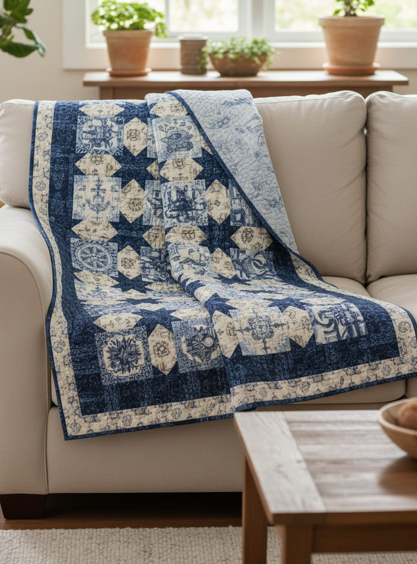 Carmon's Quilt Shop Vintage quilt pattern featuring blue and cream star motifs draped over a beige sofa.