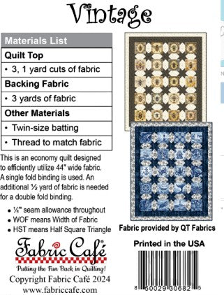 Carmon's Quilt Shop Fabric Café Vintage 3-yard quilt pattern instructions for a 43x52 inch lap quilt.