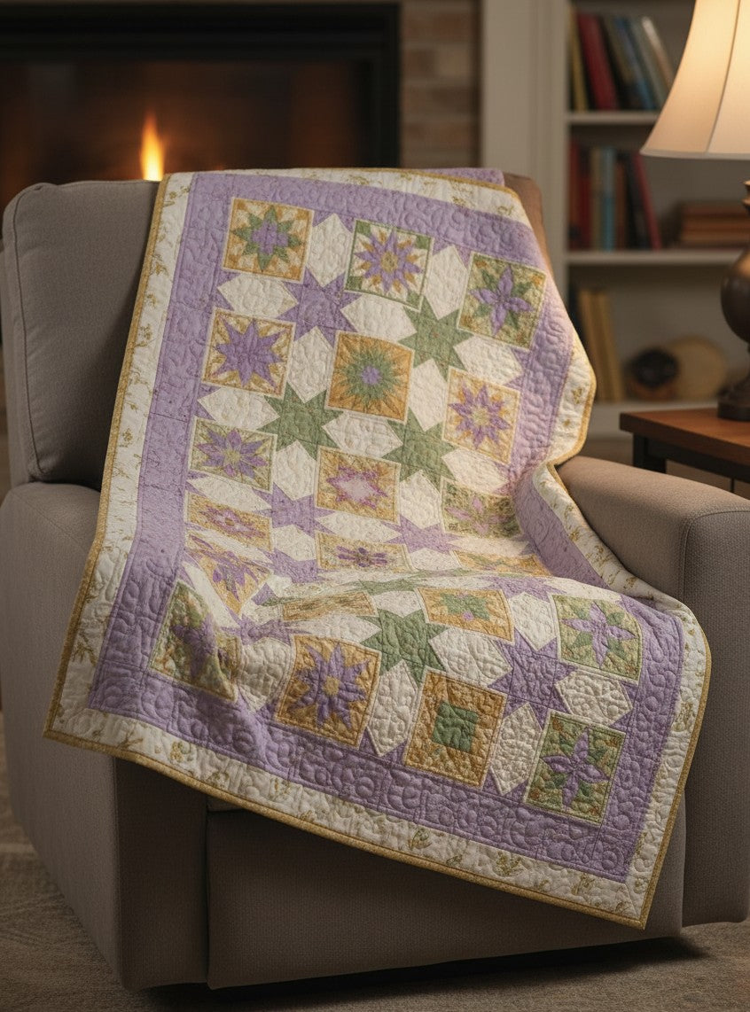 Carmon's Quilt Shop Fabric Café Vintage quilt pattern featuring purple, green, and gold star blocks on a cozy armchair.