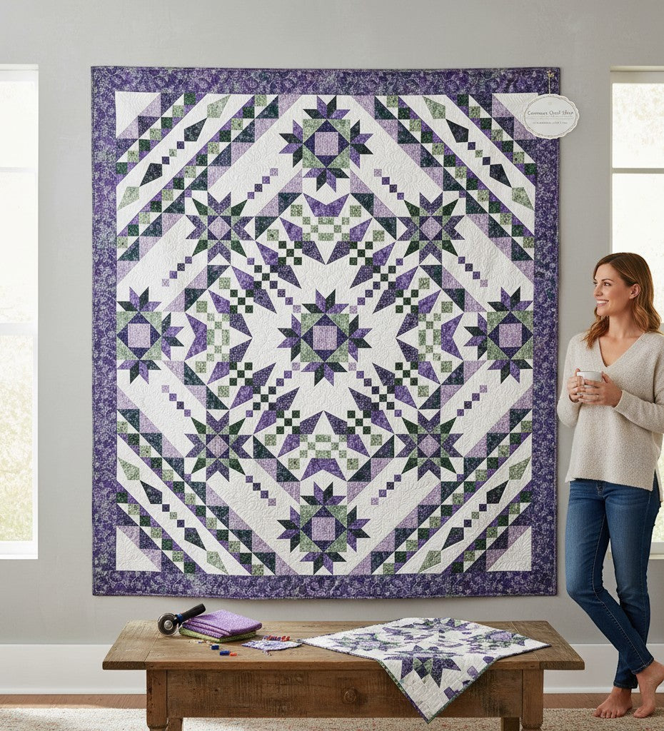 Carmon's Quilt Shop Vintner's Treasure batik quilt featuring purple and green starburst patterns on a wall