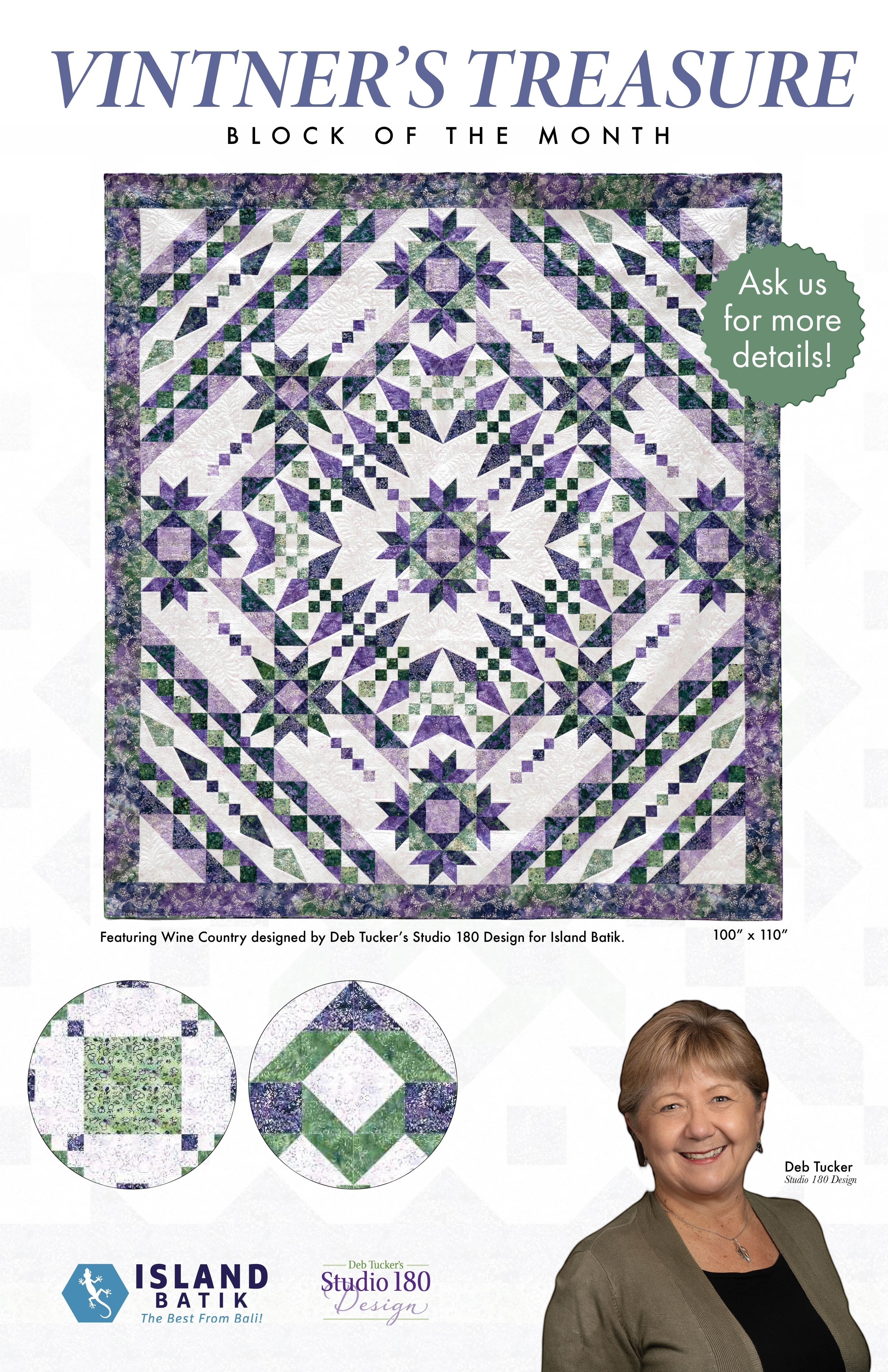 Carmon's Quilt Shop Vintner's Treasure Island Batik quilt featuring a purple and green starburst design by Deb Tucker