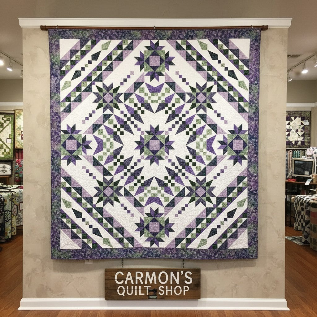 Carmon's Quilt Shop Vintner's Treasure starburst quilt in purple and green hanging on a wall in a fabric store.