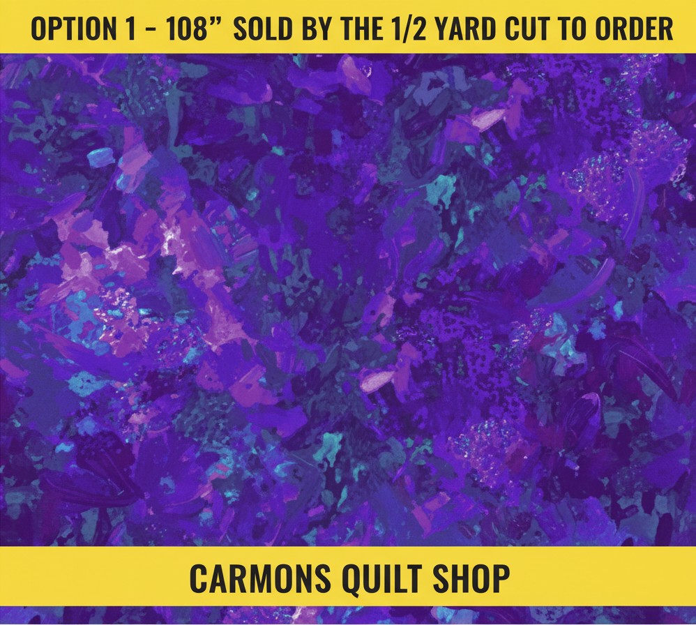 Carmon's Quilt Shop Chroma violet purple 108-inch wide 100% cotton quilting fabric with abstract brushstroke texture.