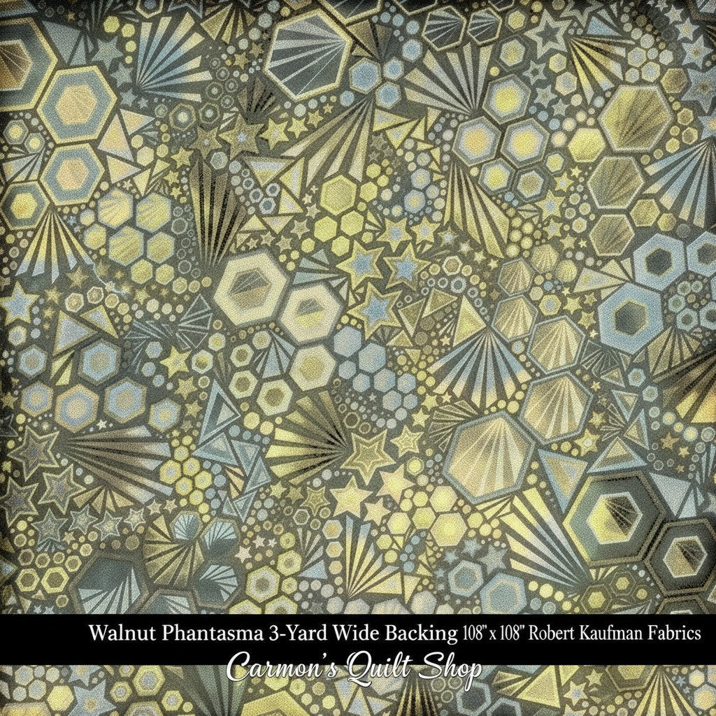 Carmon's Quilt Shop walnut geometric starburst and hexagon cotton fabric wide backing for quilting projects