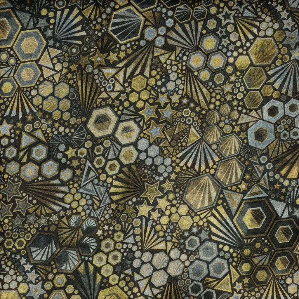 Carmon's Quilt Shop Walnut Phantasma wide fabric features a geometric starburst hexagon design in gold, grey, and silver on a walnut background.