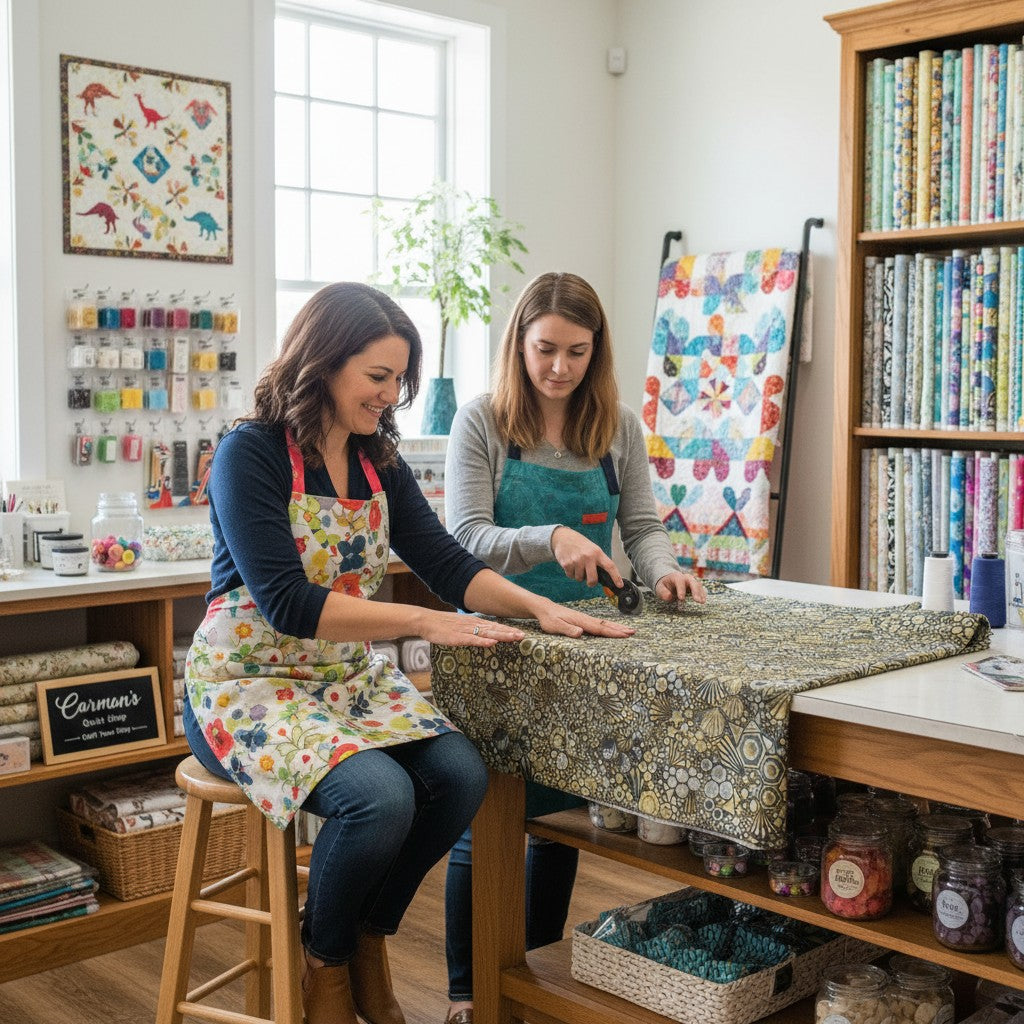 Carmon's Quilt Shop Walnut Phantasma geometric fabric with hexagons, stars, and triangles in gold, grey, and black.