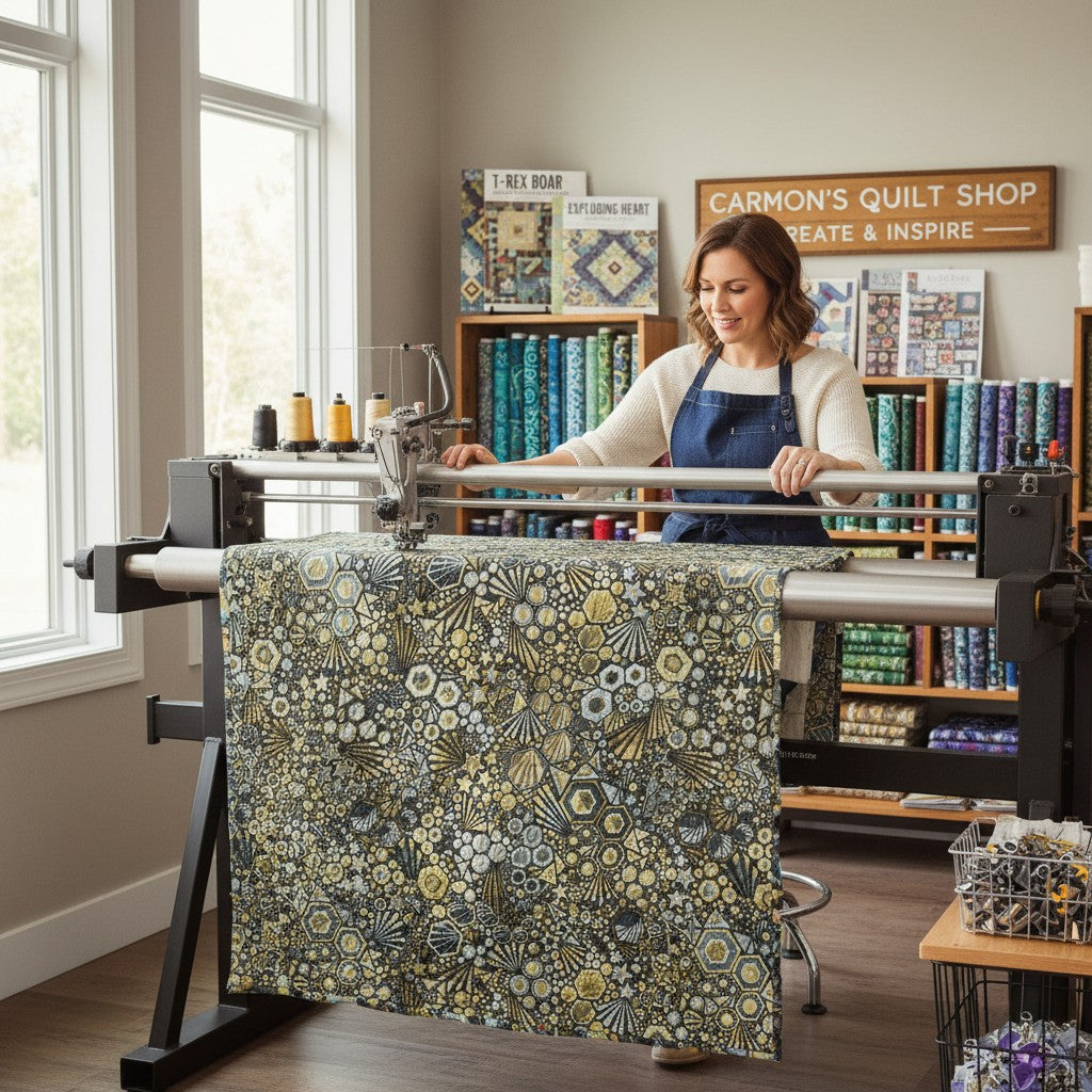 Carmon's Quilt Shop Walnut Phantasma wide fabric features a geometric starburst hexagon pattern in gold, grey, and black. 100% cotton.