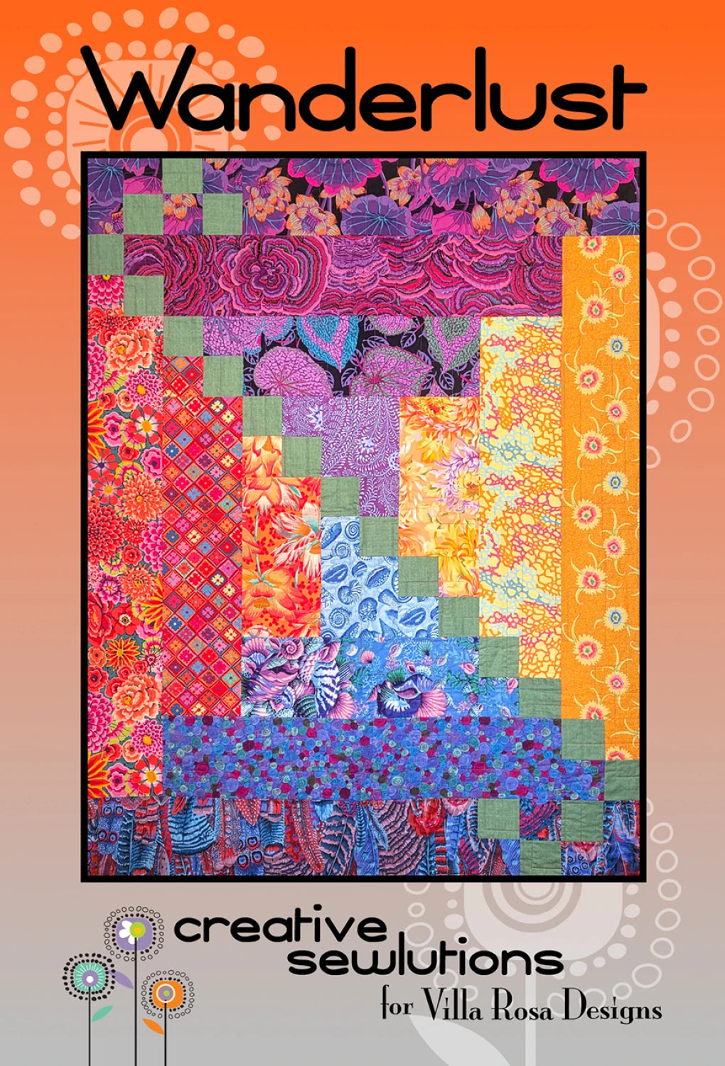 Carmon's Quilt Shop Wanderlust quilt pattern featuring a modern Courthouse Steps design with vibrant floral fabrics