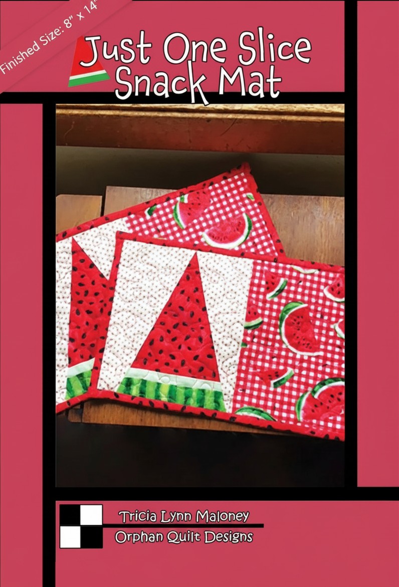 Carmon's Quilt Shop Just One Slice Snack Mat pattern featuring a watermelon slice design in red, green, and white.
