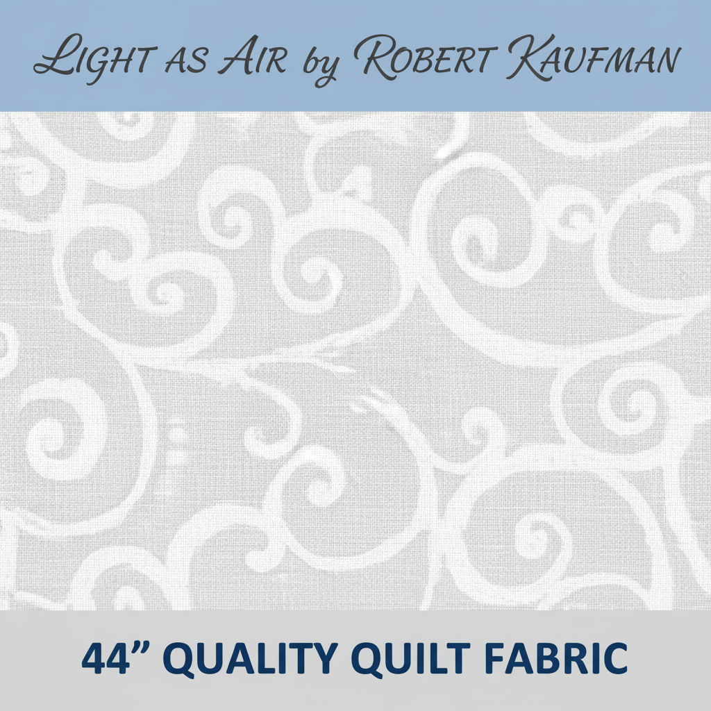 Carmon's Quilt Shop Robert Kaufman Light As Air white 100% cotton quilting fabric with elegant airy swirl pattern.