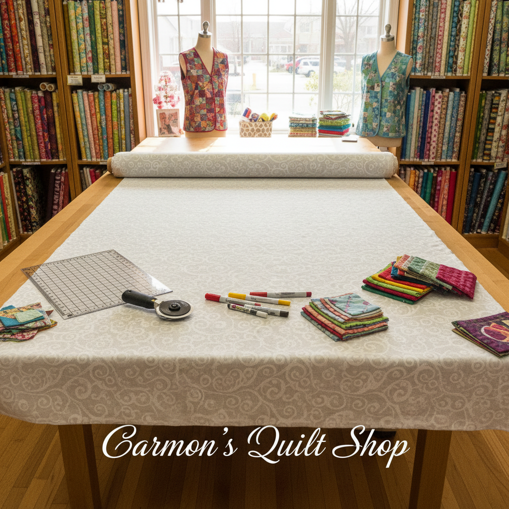 Carmon's Quilt Shop white Robert Kaufman Light As Air cotton fabric spread on a cutting table with quilting tools.