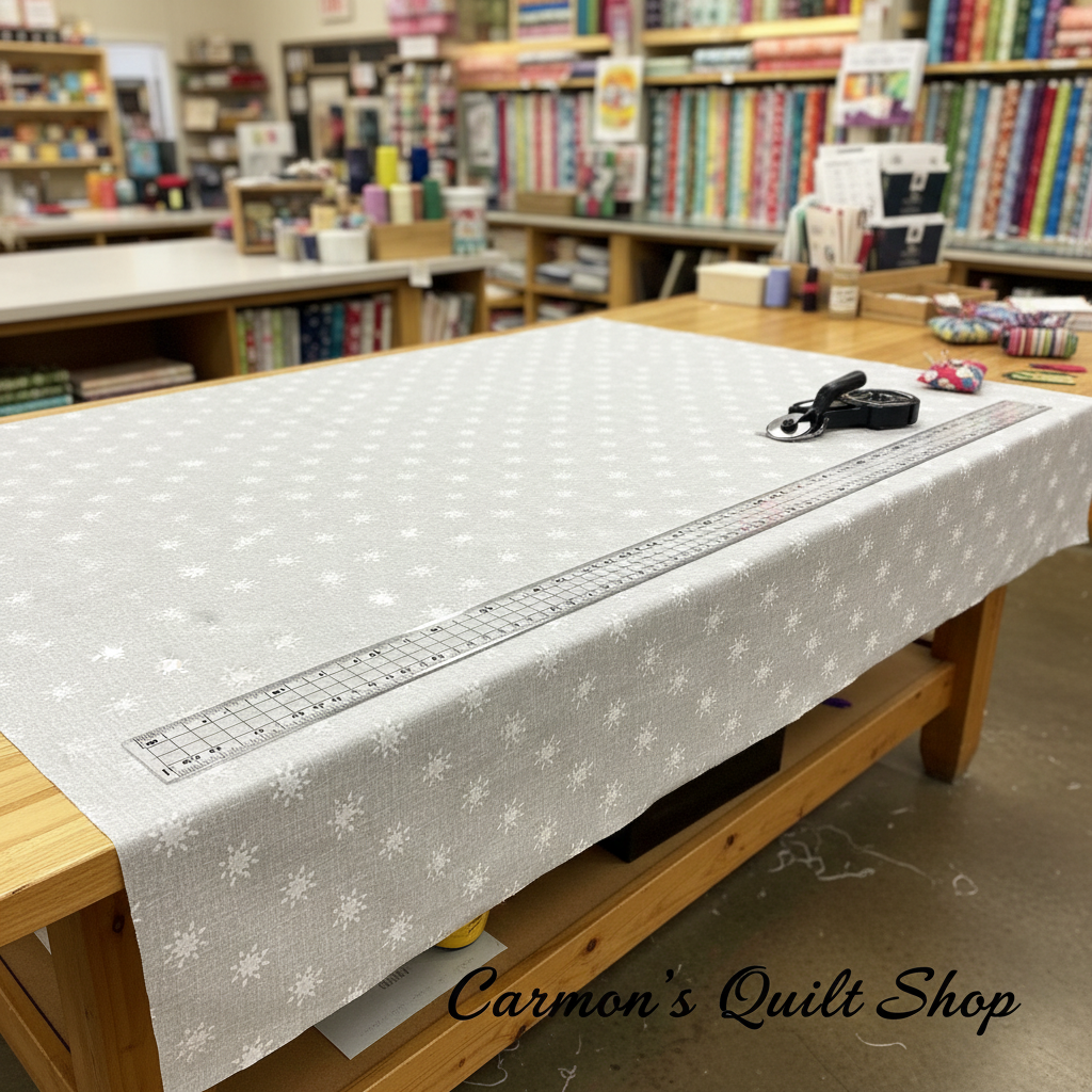 Carmon's Quilt Shop white Robert Kaufman Light As Air cotton fabric with snowflake pattern on a wooden cutting table.